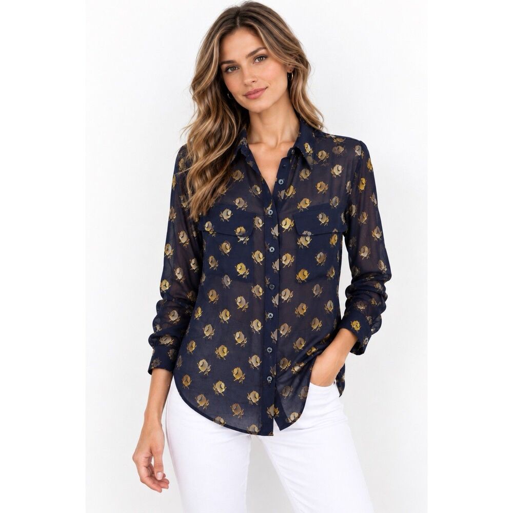 Equipment Femme Navy Blue Silk Sheer Button Down Shirt Women S Gold Floral Print
